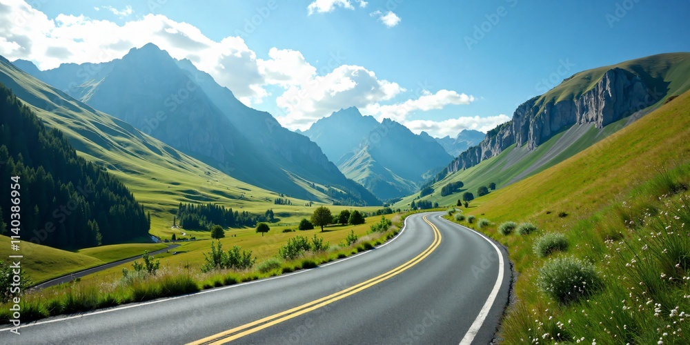 Naklejka premium A Winding Road in Mountains, A Summer Landscape with an Asphalt Road