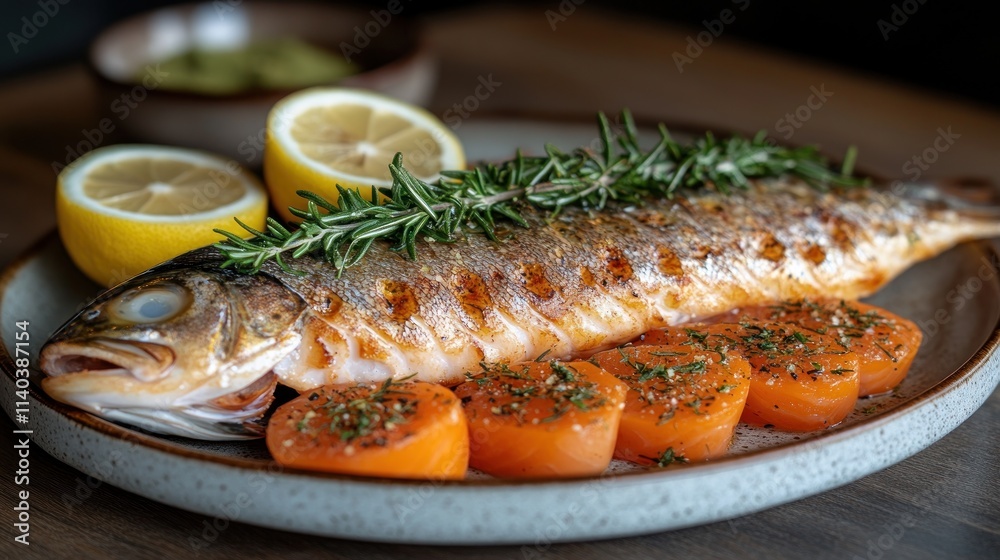 Roasted fish with lemon, rosemary, and carrots. Roasted fish with lemon, rosemary, and carrots.