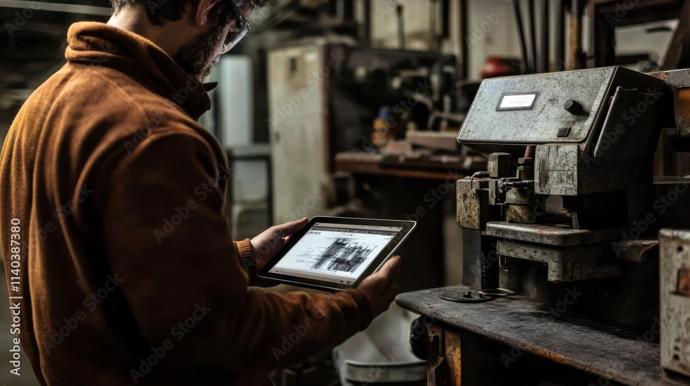 Worker in Industrial Setting Using Tablet for Digital Work Process in Workshop with Machinery and Tools in Background Worker in Industrial Setting Using Tablet for Digital Work Process in Workshop with Machinery and Tools in Background