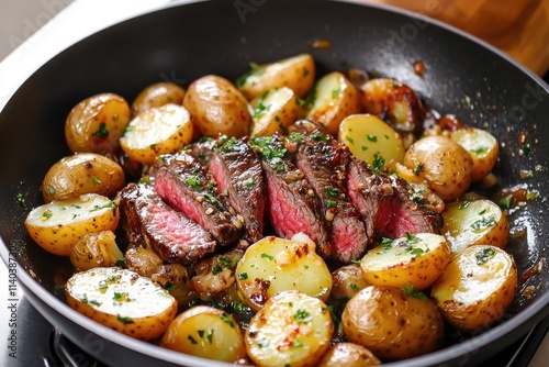 Sliced steak and roasted potatoes in a pan