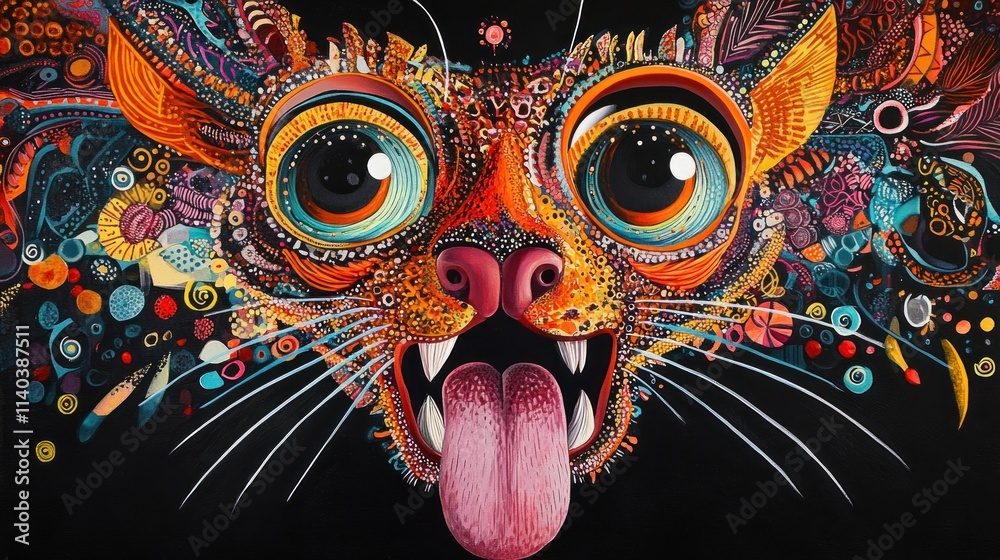 Obraz premium Detailed colorful abstract cat face with tongue.