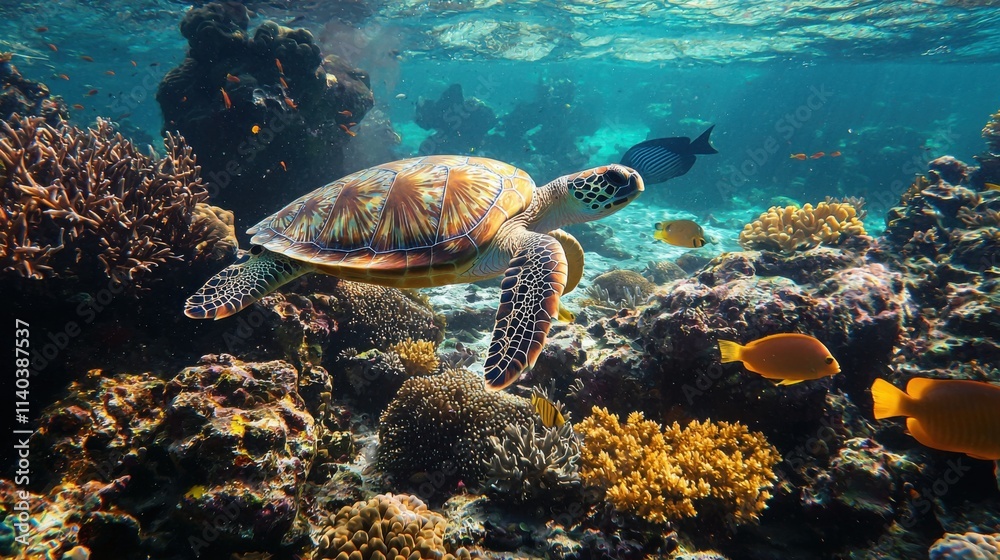 Fototapeta premium A beautiful sea turtle gliding through a vibrant coral reef, surrounded by colorful fish and marine life in clear blue water.