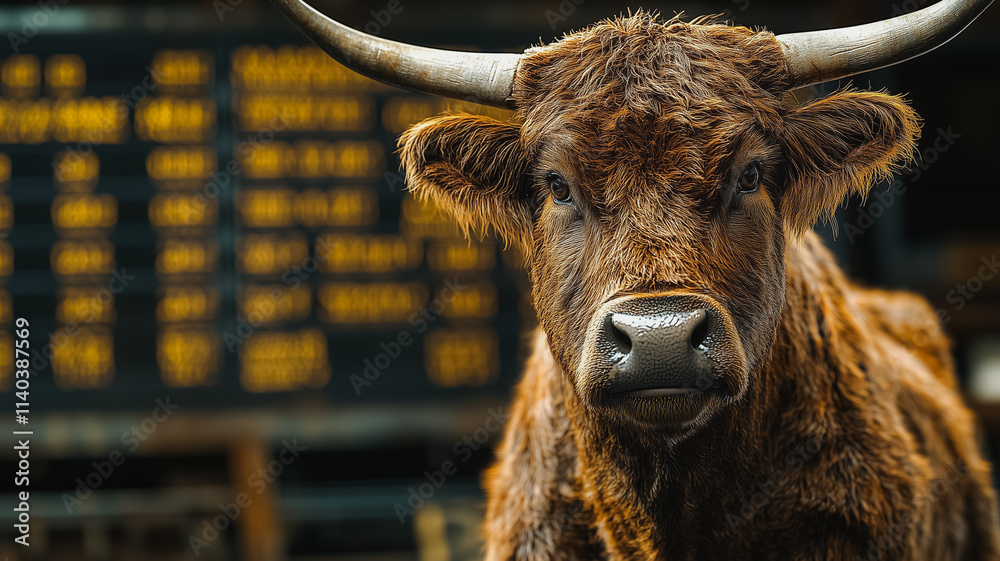 A brown cow with horns is standing in front of a board with numbers on it A brown cow with horns is standing in front of a board with numbers on it