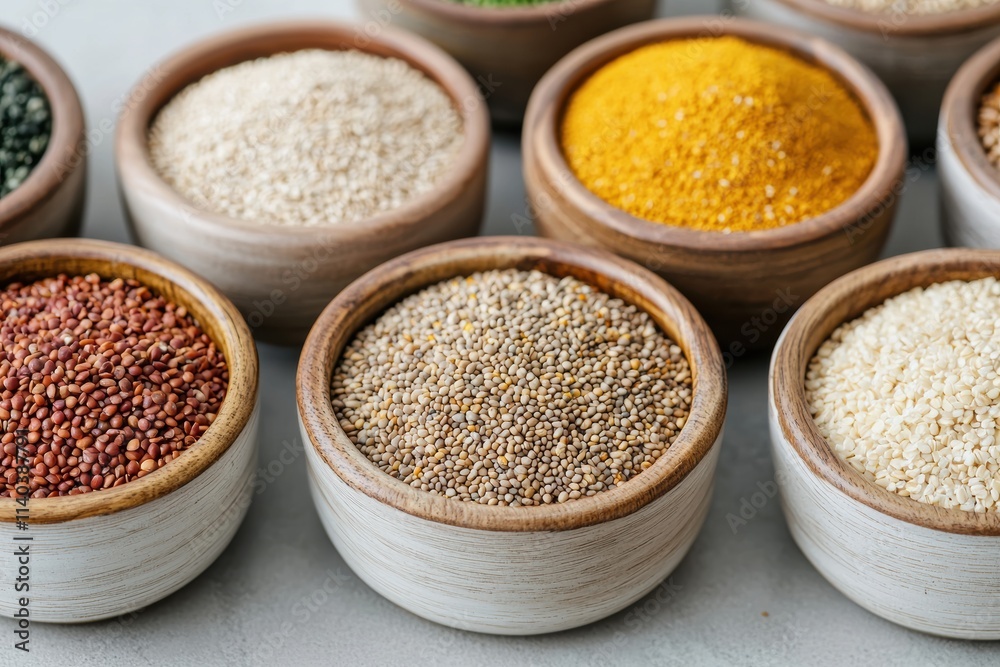 Variety of superfoods promoting holistic health and balanced diet Variety of superfoods promoting holistic health and balanced diet