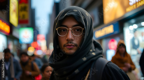 "Urban Mystique: Candid Portrait with Bokeh Glow in a Vibrant Cityscape"