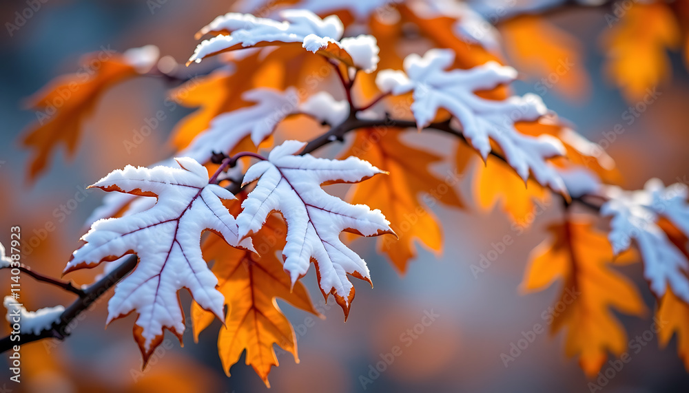 Snow-Laden Oak Leaves - Accented with golden bokeh. background copyspace Snow-Laden Oak Leaves - Accented with golden bokeh. background copyspace