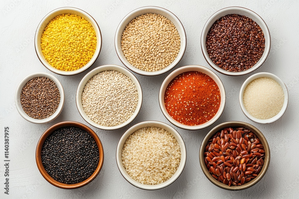 Bowls of whole grains, seeds, and spices promoting healthy eating habits