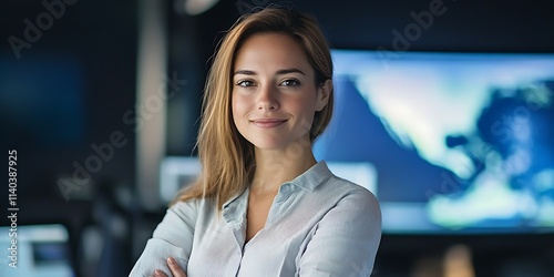 Portrait of a female meteorologist standing confidently in a weather studio