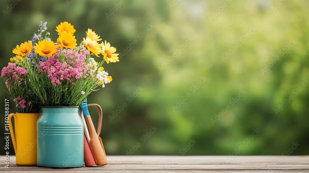 Vibrant Floral Bouquet and Gardening Supplies on Sunny Patio Vibrant Floral Bouquet and Gardening Supplies on Sunny Patio