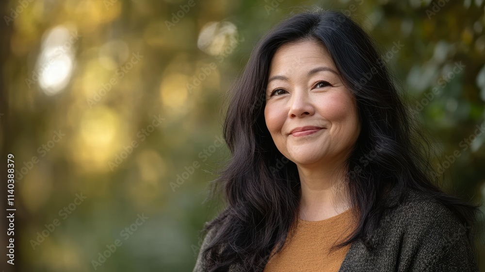 Close-up of joyful asian woman in forest nature photography with bokeh effect Close-up of joyful asian woman in forest nature photography with bokeh effect