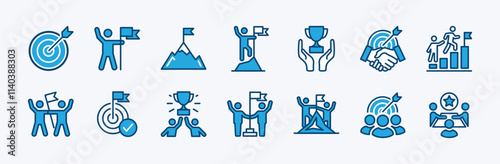 Set of business goal icon. Containing target, arrow, dartboard, mountain peak, winner, achievement, teamwork, group people, cooperation, leadership, partnership, agreement, success vector illustration