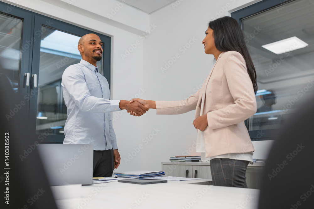 Obraz premium Indian woman, a prosperous company manager shaking hands with a job applicant, a young African American man, after a successful employment interview.