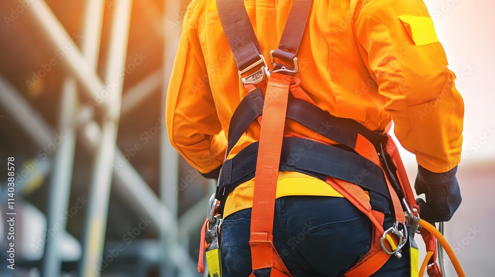 58. A construction worker securing a safety harness while preparing to climb a tall scaffold 58. A construction worker securing a safety harness while preparing to climb a tall scaffold