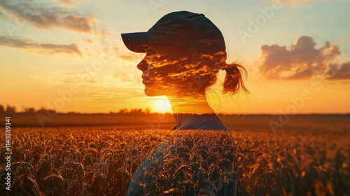 Digital art farmer's profile merged with rural landscape in captivating double exposure