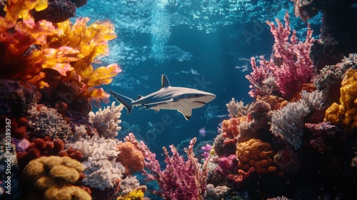 An elegant shark swims gracefully through a vibrant coral reef filled with colorful corals and aquatic life, showcasing the beauty of marine biodiversity. photo