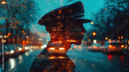 Artistic double exposure silhouette of police officer in urban night scene for social justice