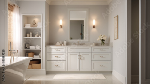 The interior of a very bright bathroom in white pastel colors with large windows overlooking nature and the sea.