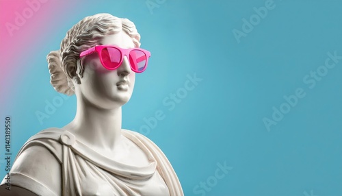 A white marble statue of ancient greek goddess wearing modern pink sunglasses on a pastel background photo