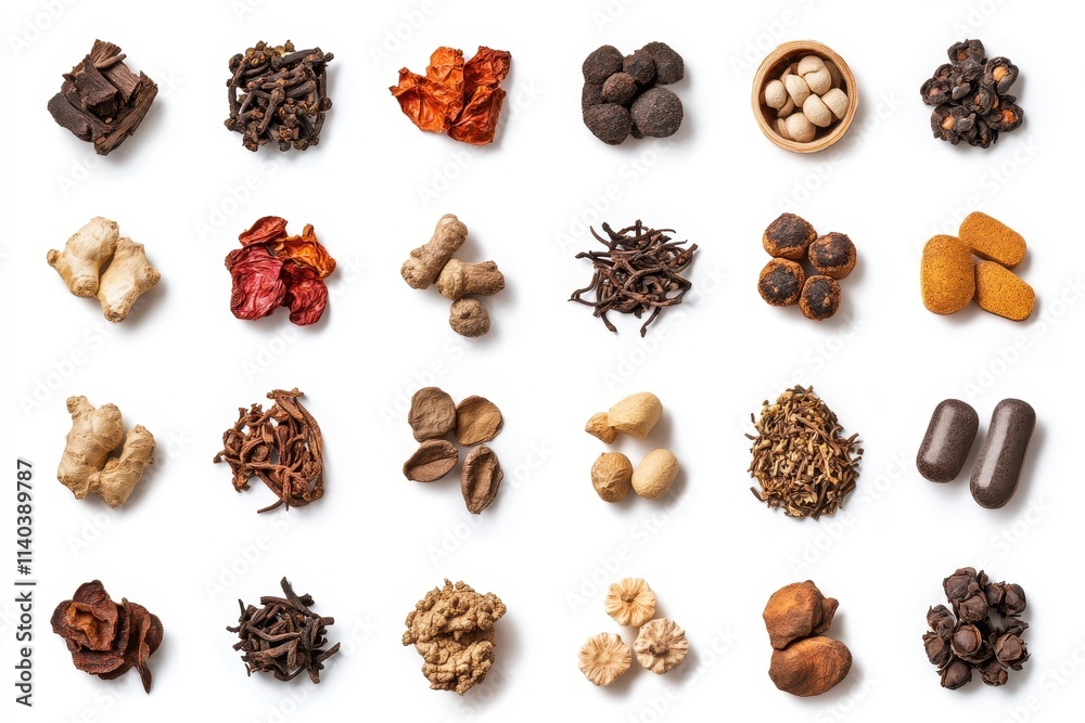 Obraz premium Traditional Chinese herbs and medicine set against a white background