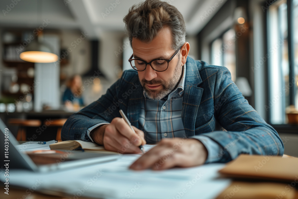 Man in a cozy cafe writing notes while using a laptop during the day Man in a cozy cafe writing notes while using a laptop during the day
