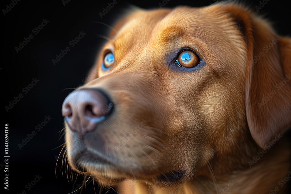 Brown dog with striking blue eyes gazes upward against a dark background during a close-up shot Brown dog with striking blue eyes gazes upward against a dark background during a close-up shot