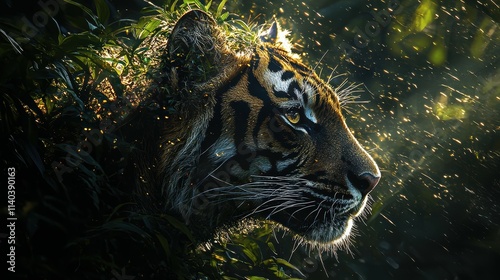Artistic double exposure of majestic tiger in wild nature reserve environment