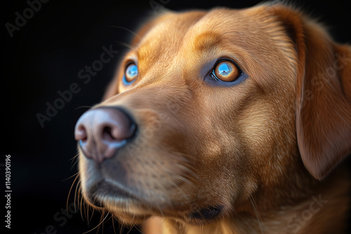 Brown dog with striking blue eyes gazes upward against a dark background during a close-up shot