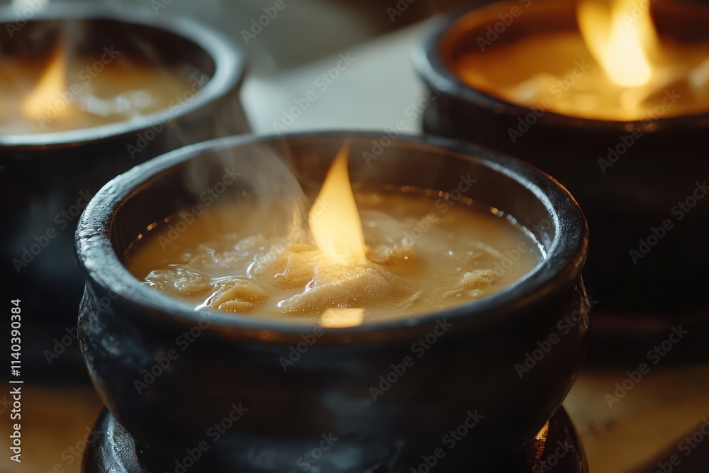 Traditional ginseng chicken soup served in a hot stone pot is a popular summer dish at a Korean restaurant in Busan South Korea