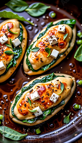 Spinach and Feta Stuffed Chicken - Chicken breasts stuffed with spinach feta and herbs baked until golden. background copyspace