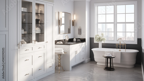 Wallpaper Mural The interior of a very bright bathroom in white pastel colors with large windows overlooking nature and the sea. Torontodigital.ca