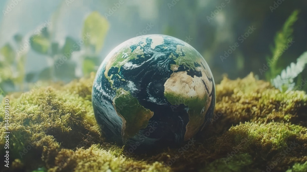 Earth globe rests on soft moss bed, surrounded by plants. Earth globe rests on soft moss bed, surrounded by plants.