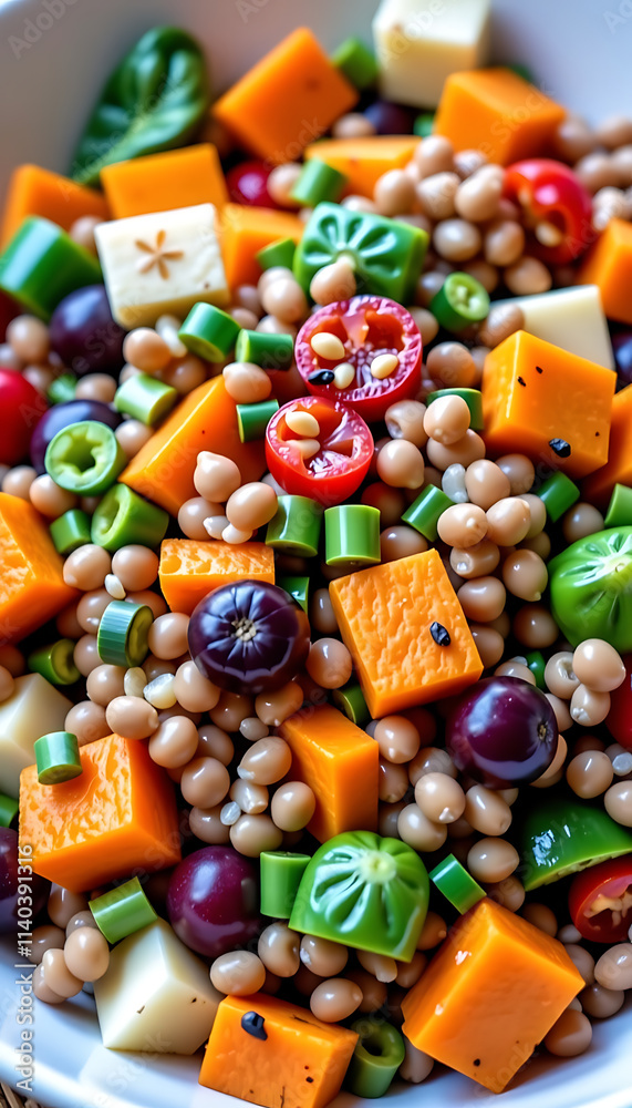 Quinoa Salad with Roasted Veggies - A vibrant salad made with quinoa roasted sweet potatoes and bell peppers. background copyspace Quinoa Salad with Roasted Veggies - A vibrant salad made with quinoa roasted sweet potatoes and bell peppers. background copyspace