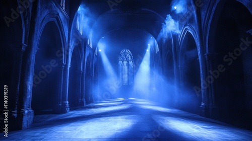 Mysterious Gothic Cathedral with Ethereal Blue Lighting