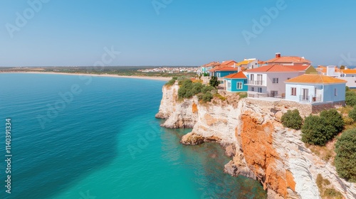 Aerial view of a colorful coastal cliffside village mediterranean sea scenic landscape sunny environment panoramic perspective