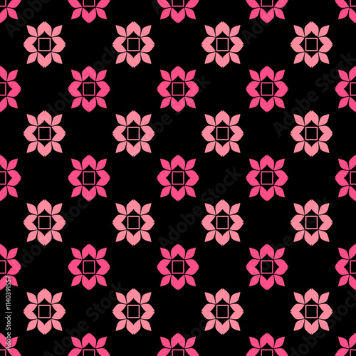 Seamless Pattern With Pink Geometric Flowers on Black Background. Seamless Pattern Vector. Design for wrapping, silk, scarf, background, textile, carpet, rug, texture, hand-draw, Less is more Repeat