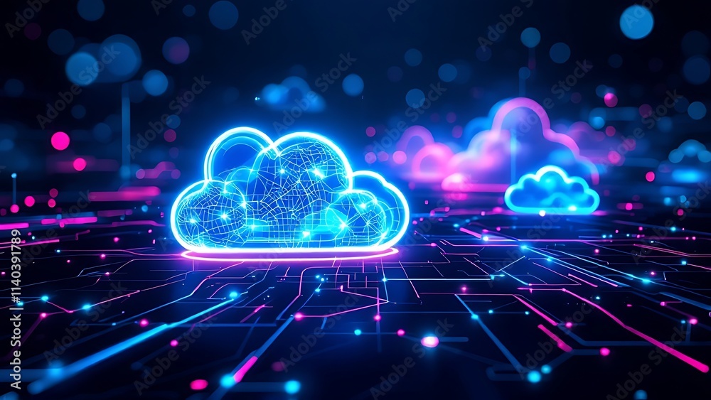 Fototapeta premium Futuristic network of cloud computing and blockchain technology - A vibrant 3d polygonal illustration depicting the interconnected world of digital currency and modern tech