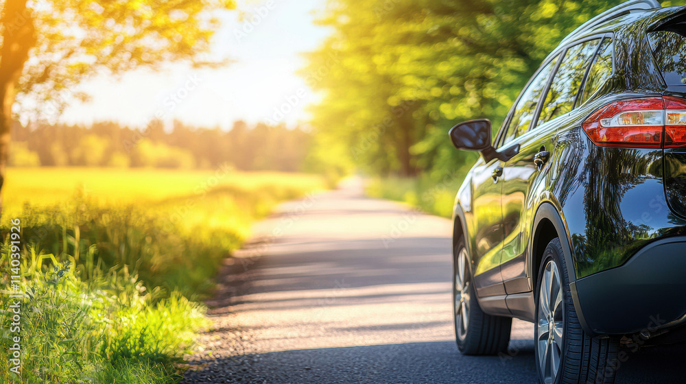 Fototapeta premium black car parked on scenic countryside road surrounded by greenery and sunlight