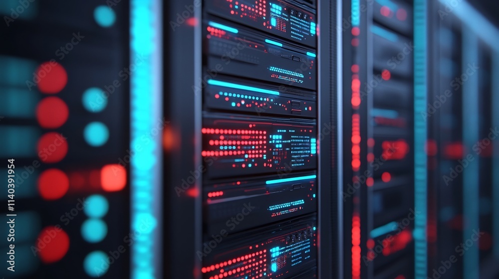 Naklejka premium Quantum Computing Chip Embedded in Futuristic Server with Holographic Light Projections