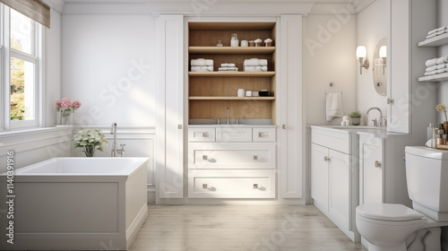 The interior of a very bright bathroom in white pastel colors with large windows overlooking nature and the sea.