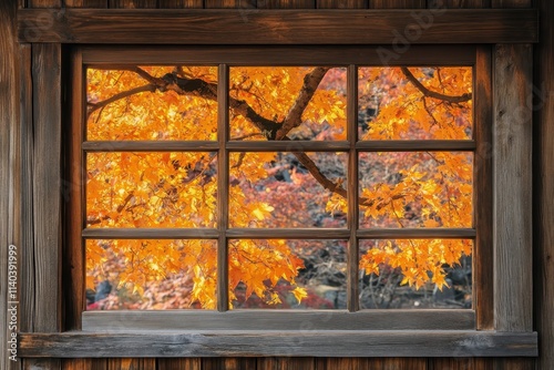 View of a wooden window showcasing a stunning maple tree at a Kyoto temple notable in autumn photo