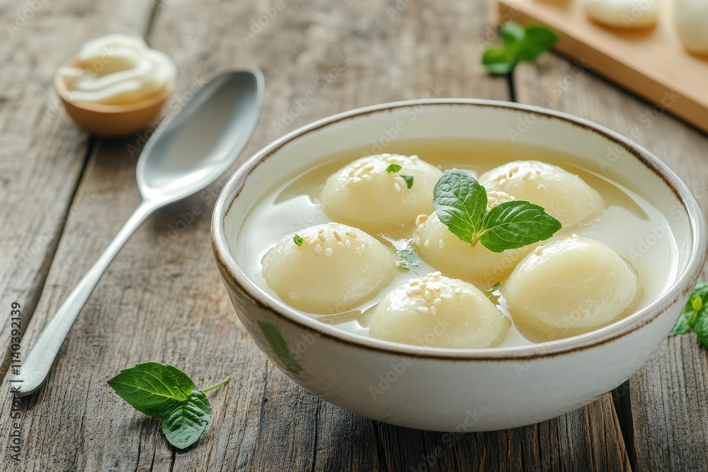 View of large sesame tangyuan in sweet syrup served in a bowl on a wooden table for the Winter Solstice celebration