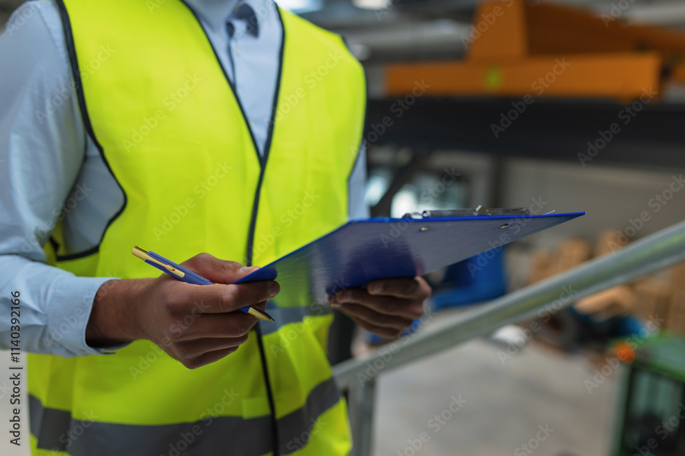 Man with a blue helmet and yellow vest, a worker in a factory unit checking a work process, portrait shot. Industry, people, and career concepts. Man with a blue helmet and yellow vest, a worker in a factory unit checking a work process, portrait shot. Industry, people, and career concepts.