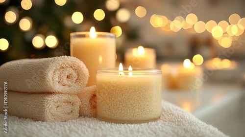 Rolled towels and lit candles on a table with a blurred Christmas tree background.