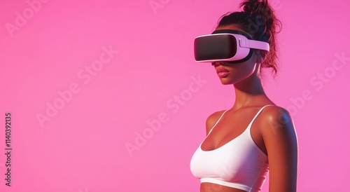 Portrait of a beautiful woman wearing a virtual reality headset and doing yoga on a pink background.