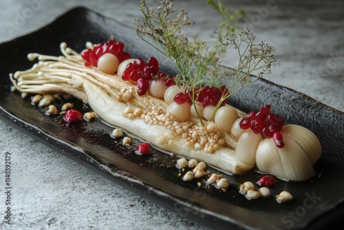 View of raw milk vetch roots on a white plate alongside raw ginseng jujubes and garlic seeds on a black plate South Korea