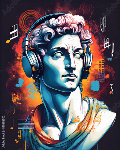 A T-shirt print featuring a Renaissance wearing DJ headphones
