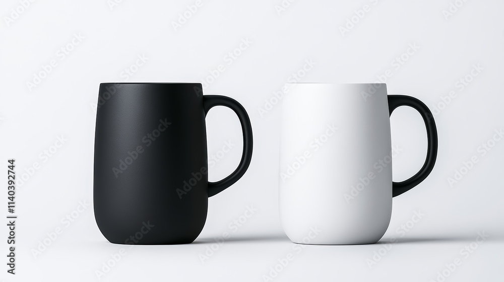 A sleek black and white mug pair stands elegantly against a clean background, showcasing modern minimalistic design for stylish beverage enjoyment. A sleek black and white mug pair stands elegantly against a clean background, showcasing modern minimalistic design for stylish beverage enjoyment.