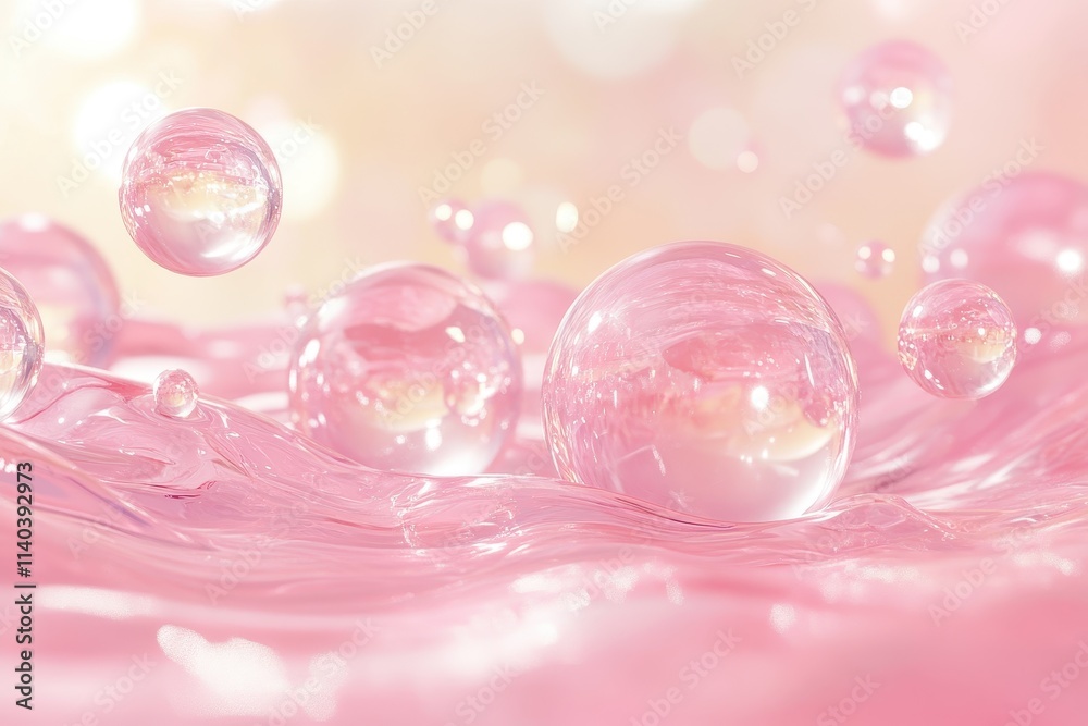 Vital cosmetic oil droplets in water Pink spherical liquid background featuring moisturizing collagen cream 3D illustration of skincare serum and beauty vitamins Vital cosmetic oil droplets in water Pink spherical liquid background featuring moisturizing collagen cream 3D illustration of skincare serum and beauty vitamins