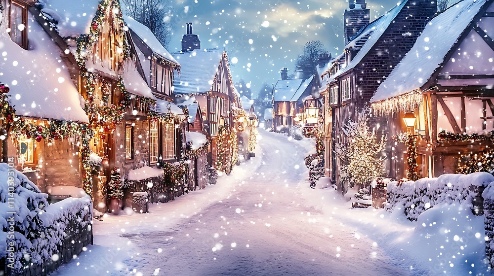 Snow-covered village street with decorated houses and a light dusting of snow Snow-covered village street with decorated houses and a light dusting of snow