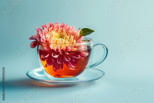 Wallpaper Mural Warm chrysanthemum tea in a glass with a fresh bloom on a soft blue backdrop Torontodigital.ca